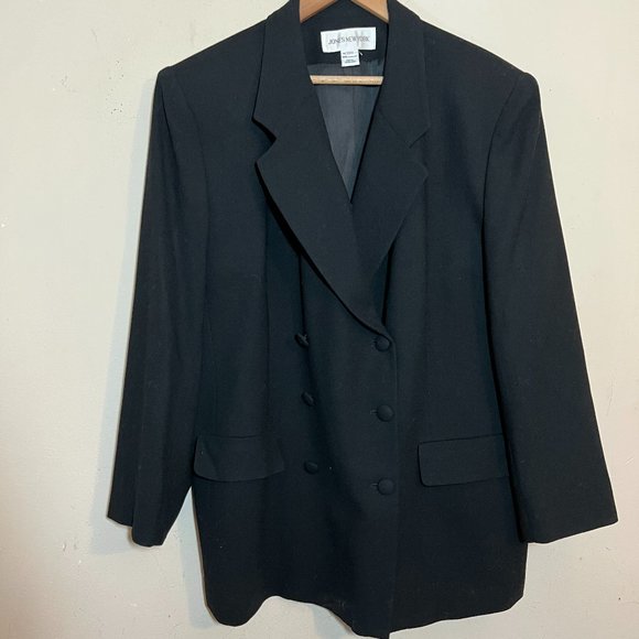 VTG 80s  Big Shoulders Double Breasted Long Wool Crepe Blazer Jacket Jones NY - Picture 1 of 6